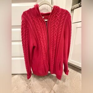 L.L. Bean Classic Cable-Knit Hooded Full-Zip Cardigan Magenta Pink granola girl